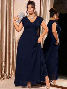 Elenzga Plus Size Women's Solid Color Pleated Evening Dress - Navy Blue - View 3