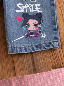 SHEIN Vintaside Kids 1件女嬰藍色牛仔休閒可愛刺繡花卉吊帶褲連身衣，適合外出與派對 - 淺藍色 - 查看 8