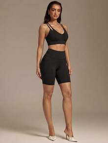 Silquee Side Phone Pocket Sports Shorts Stretchy Shorts Biker Shorts - Black - View 2