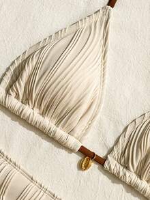 Swim Vcay 2026 Spring/Summer New Cream White Water Ripple Textured 3 Pieces Swimwear Set, Brown Rope Halter Triangle Bikini Top, High-Cut Thick Strap Triangle Bottom, Drawstring Wide Leg Long Pants, Slouchy Casual Vacation Beach Swimwear Set - Beige - View 3