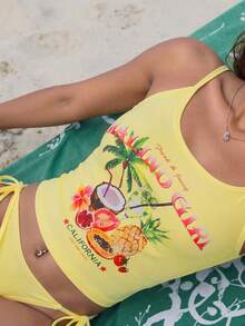 Swim Vcay 女款夏季海灘度假熱帶水果印花細肩帶泳衣上衣 - 黃色 - 查看 1