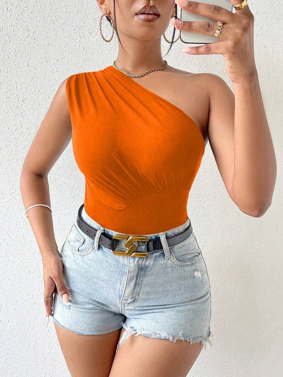 SHEIN PETITE 女款純色單肩抓皺修身百搭日常穿搭上衣 - 橘色 - 查看 1