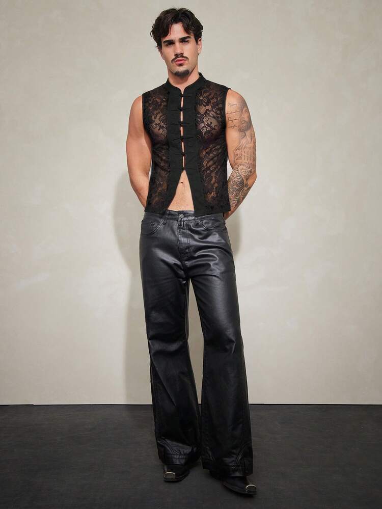 FeverCity Men's Summer Sexy Sheer Lace Frog Button Tank Top | SHEIN