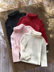 SHEIN Emery Rose Kids 4件組女童高領羅紋針織休閒T恤，高彈性翻領內搭底層T恤，女童秋季服飾，適合日常休閒穿著與外出 - 彩色 - 查看 4