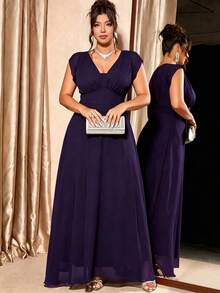 Elenzga Plus Size Women's Elegant Shirred Pleated Front Waist Gathered Design Cap Sleeve Dress - Purple - View 4