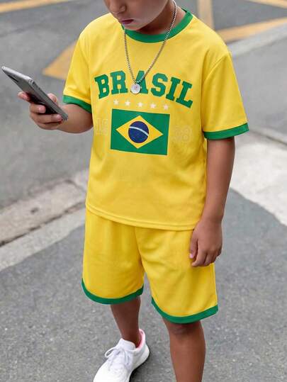 Tween Boy Casual Comfortable Fashion Minimalist Crew Neck Short Sleeve T-Shirt And Shorts Set, Classic Handsome Brazil Text Flag Graphic Print, Classic Brazil Color Scheme Graphic Print, Suitable For World Cup, Suitable For Football Sports