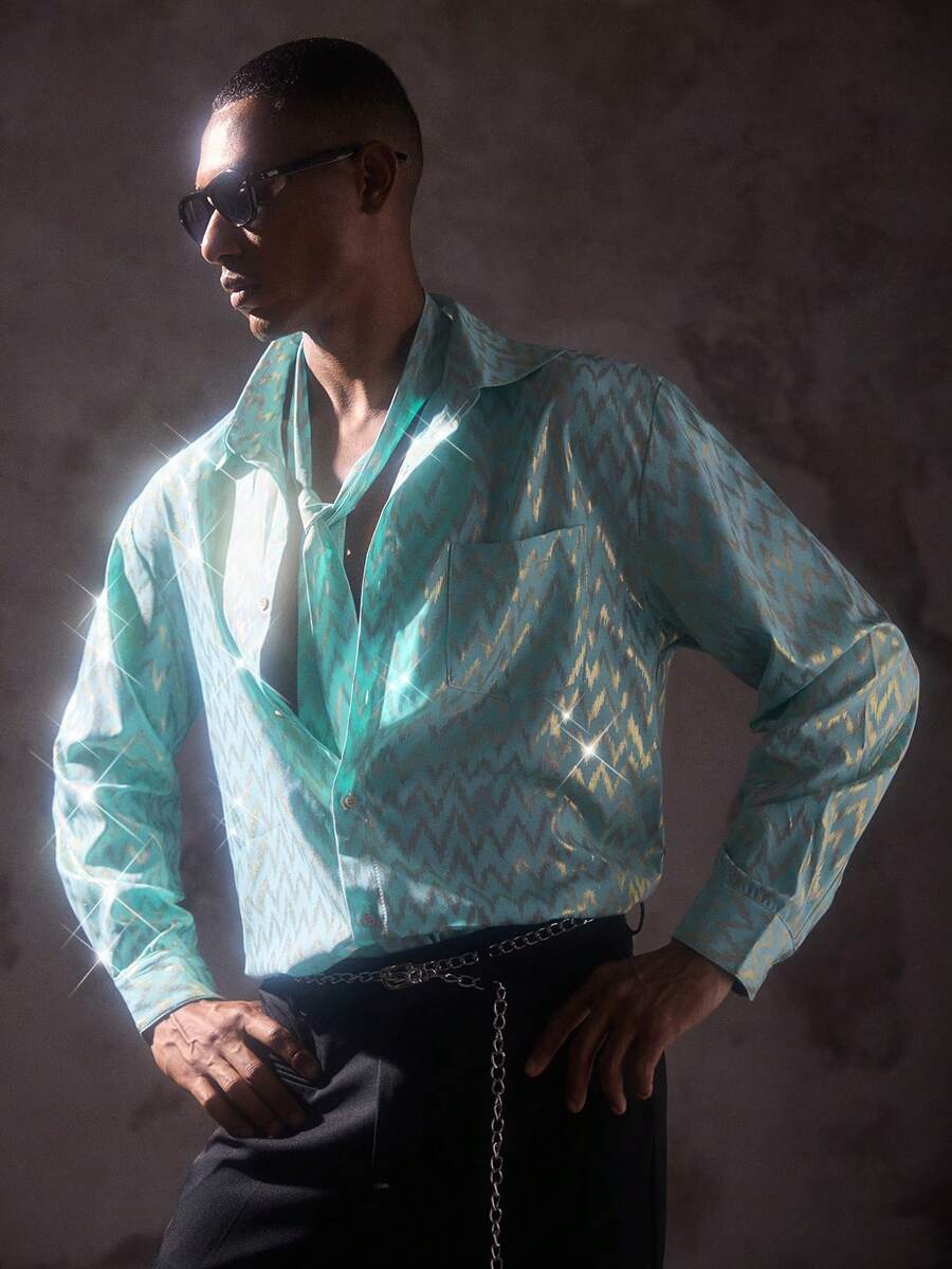AKNOTIC Men's All-Over Print Single-Breasted Casual Versatile Daily Wear Shirt - Mint Blue - View 1