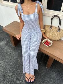 Sunnyshic Women's Plaid Bandeau Bow Tie Strap Design Waist-Cinching Slimming Summer European American Sweet Vacation Style Jumpsuit - Baby Blue - View 4