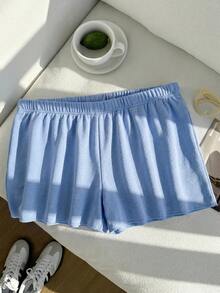 Comfortcana Plus Size Solid Color Elastic Waist Loose Casual Versatile Shorts, Soft Shorts For Spring & Summer, Blue - Blue - View 9