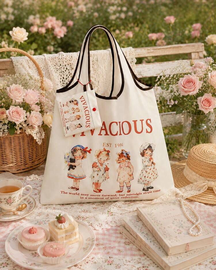 ROMWE Kawaii Cartoon American Girl Printed Large Capacity Foldable Shopping Bag With Tote Bag And Coin Purse 442464 - Multicolor - View 2