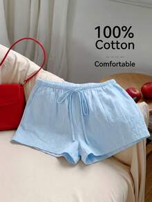 Comfortcana Plus Size Casual Loose Light Blue Drawstring Shorts, Spring/Summer Comfortable Cotton Drawstring Shorts - Baby Blue - View 12