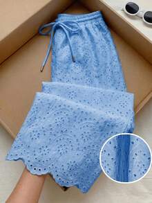 Comfortcana Plus Size Blue Embroidered Loose Pants, Spring/Summer - Blue - View 4