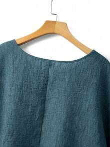 Linhara Spring/Summer Plus Size Women's Textured Round Neck Blouse, Versatile Casual - Dusty Blue - View 6