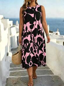 EMERY ROSE Plus Size Floral Print Round Neck Sleeveless Summer Dress - Pink - View 1
