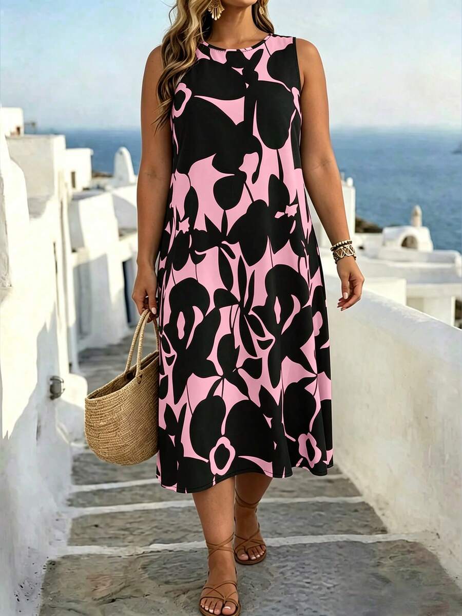 EMERY ROSE Plus Size Floral Print Round Neck Sleeveless Summer Dress - Pink - View 1