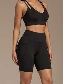 Silquee Side Phone Pocket Sports Shorts Stretchy Shorts Biker Shorts - Black - View 6