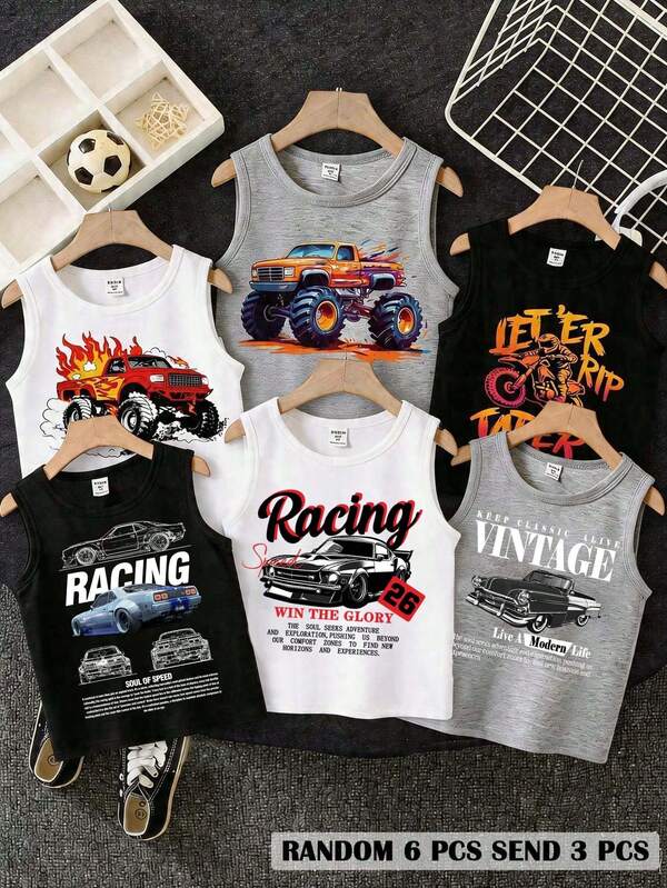 RANDOM 6 PCS SEND 3 PCS Young Boy Casual Multi-Piece Tank Top Set, Suitable For Summer, Classic Cool Racing Culture Graphic Print, Vintage Racing Pattern Print Tank Top Blind Box