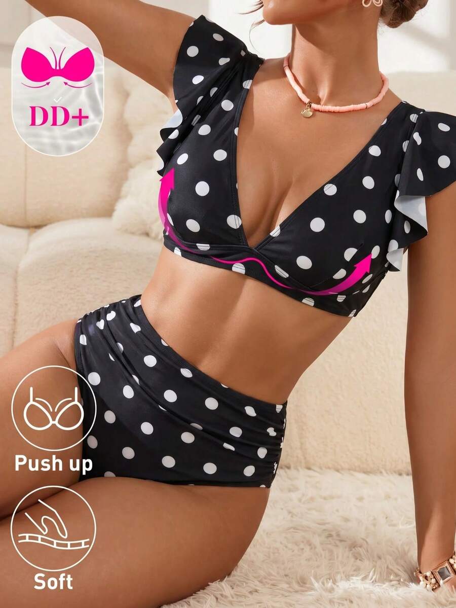 Swim DD+ 女款夏季海灘黑白波點V領比基尼三角褲兩件式泳衣套裝,可愛風 - 黑與白 - 查看 1