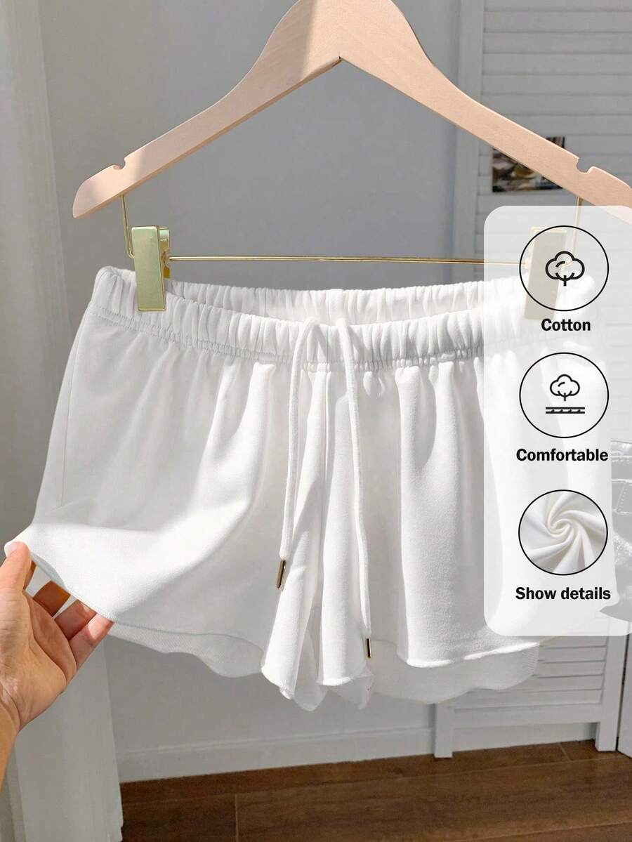 Comfortcana Plus Size Solid Color Elastic Waist Loose Casual Versatile Shorts, Soft Shorts For Spring/Summer, White