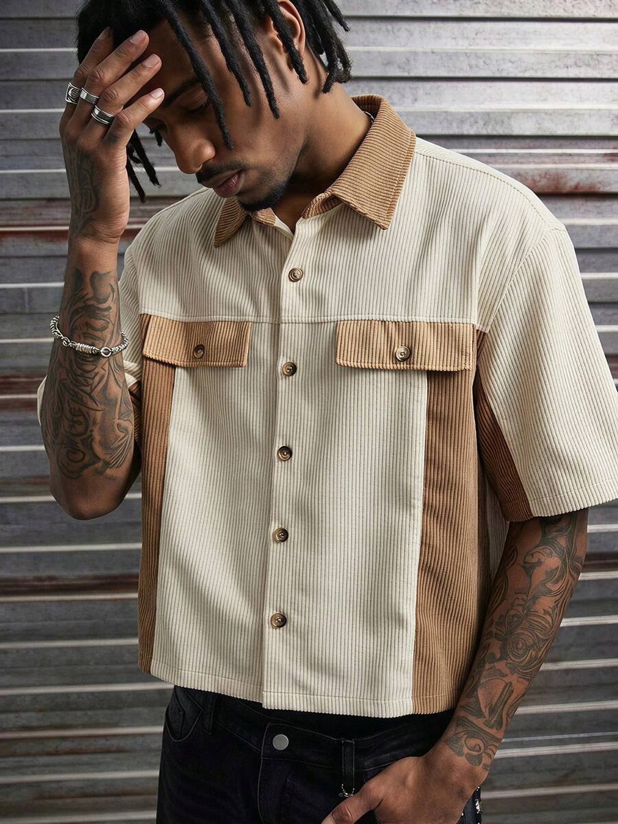 AXEPEAK Men's Colorblock Short Sleeve Single-Breasted Casual Shirt - Khaki - View 1