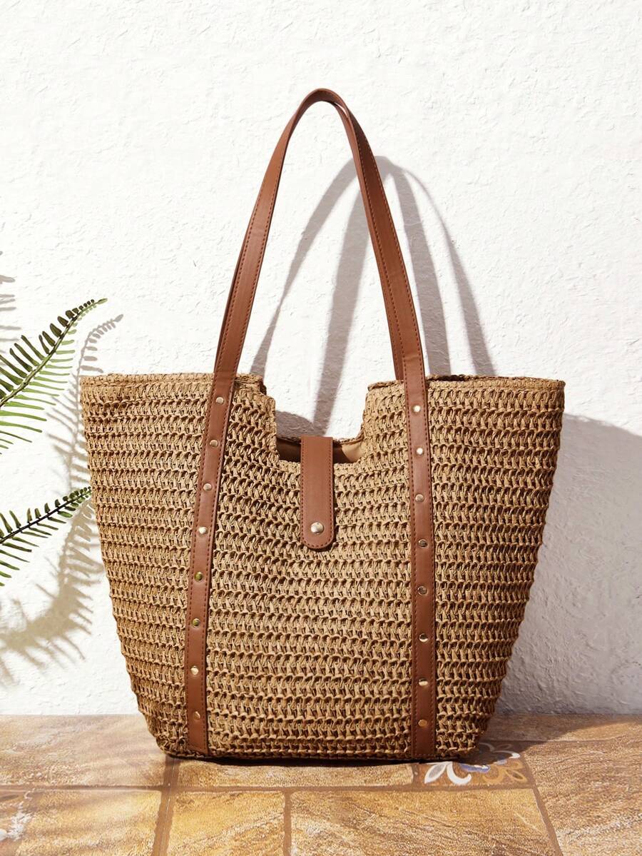 SHECARRY Women's Fashion Khaki Woven Tote Bag, Design Style, Exquisite Rivets, Light And Large-Capacity Shoulder Bag, Suitable For Shopping, Parties, Vacation, Travel, Beach, Seaside - Camel - View 1