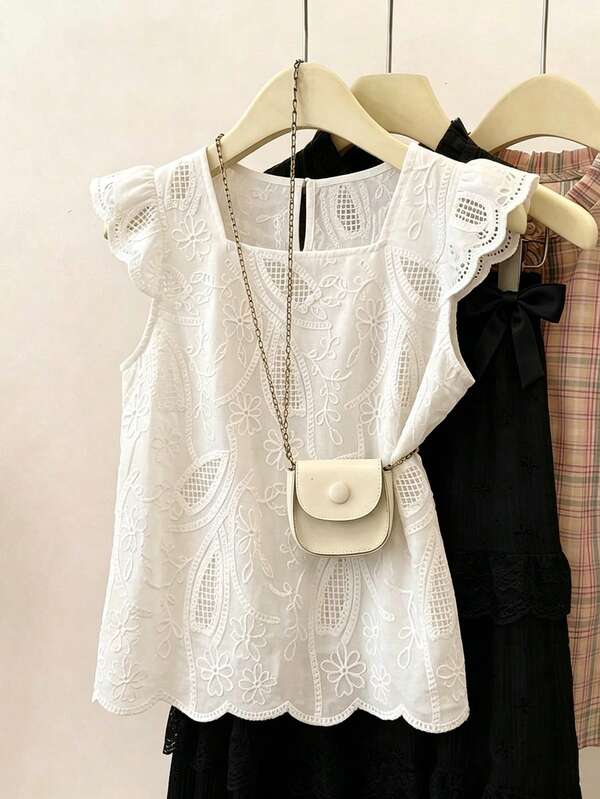 SHEIN Franclia Blusa blanca de verano elegante y romántica con cuello cuadrado, mangas cortas y bordados