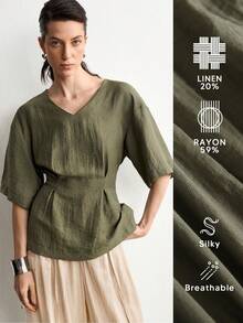 Aalyst Blusa con espalda fruncida y recogida - Verde militar - Ver 7
