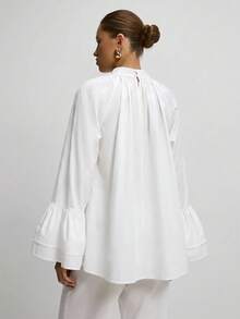 ATUI Studio Women's Stand Up Collar Pleated Loose Shirt With Double-Layer Ruffle Edge Flared Sleeve Design, - White - View 2