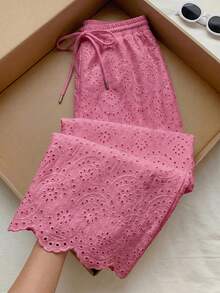 Comfortcana Plus Size Fuchsia Embroidered Loose Pants, Spring/Summer - Hot Pink - View 6