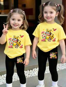 Set Kaos Pendek dan Legging Motif Kartun Lucu dan Segar untuk Bayi Perempuan, Motif Kumbang Kuning, Bunga, Hati, Kupu-kupu, dan Polkadot/Pita, Pakaian Sehari-hari - MultiWarna - View 1