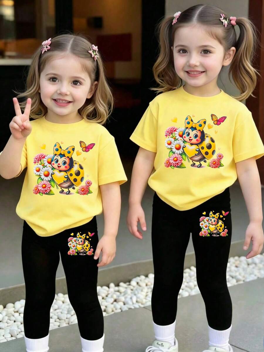 Set Kaos Pendek dan Legging Motif Kartun Lucu dan Segar untuk Bayi Perempuan, Motif Kumbang Kuning, Bunga, Hati, Kupu-kupu, dan Polkadot/Pita, Pakaian Sehari-hari - MultiWarna - View 1