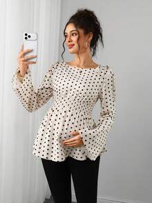 Momance Maternity Polka Dot Top, Shirred Waist, Long Sleeve , Fashionable Versatile Pregnancy, French Retro, Sweet & Spicy Style, Spring/Autumn - Multicolor - View 4