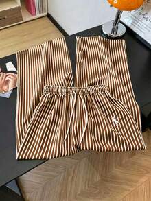 GlowEve Women's Summer Casual Gym Brown And White Polka Dot Embroidered Round Neck Short Sleeve Tight T-Shirt And Striped Print Drawstring Pants 2 Pieces Set - Multicolor - View 6