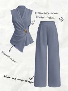 Franclia Women's Elegant 2026 Spring/Summer Asymmetric Sleeveless Ruched Metal Button Long Pants 2 Pieces Set - Grey - View 8
