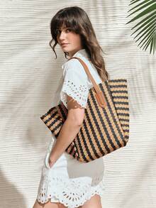 SHECARRY Bolso tote de mujer de moda de paja tejida a rayas, negro + caqui, color de contraste retro, bolso de hombro simple y ligero de gran capacidad, adecuado para compras, vacaciones de verano, viajes, playa, , combinación bohemia - Raya - Ver 7