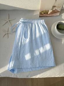 Comfortcana Plus Size Casual Loose Light Blue Drawstring Shorts, Spring/Summer Comfortable Cotton Drawstring Shorts - Baby Blue - View 9