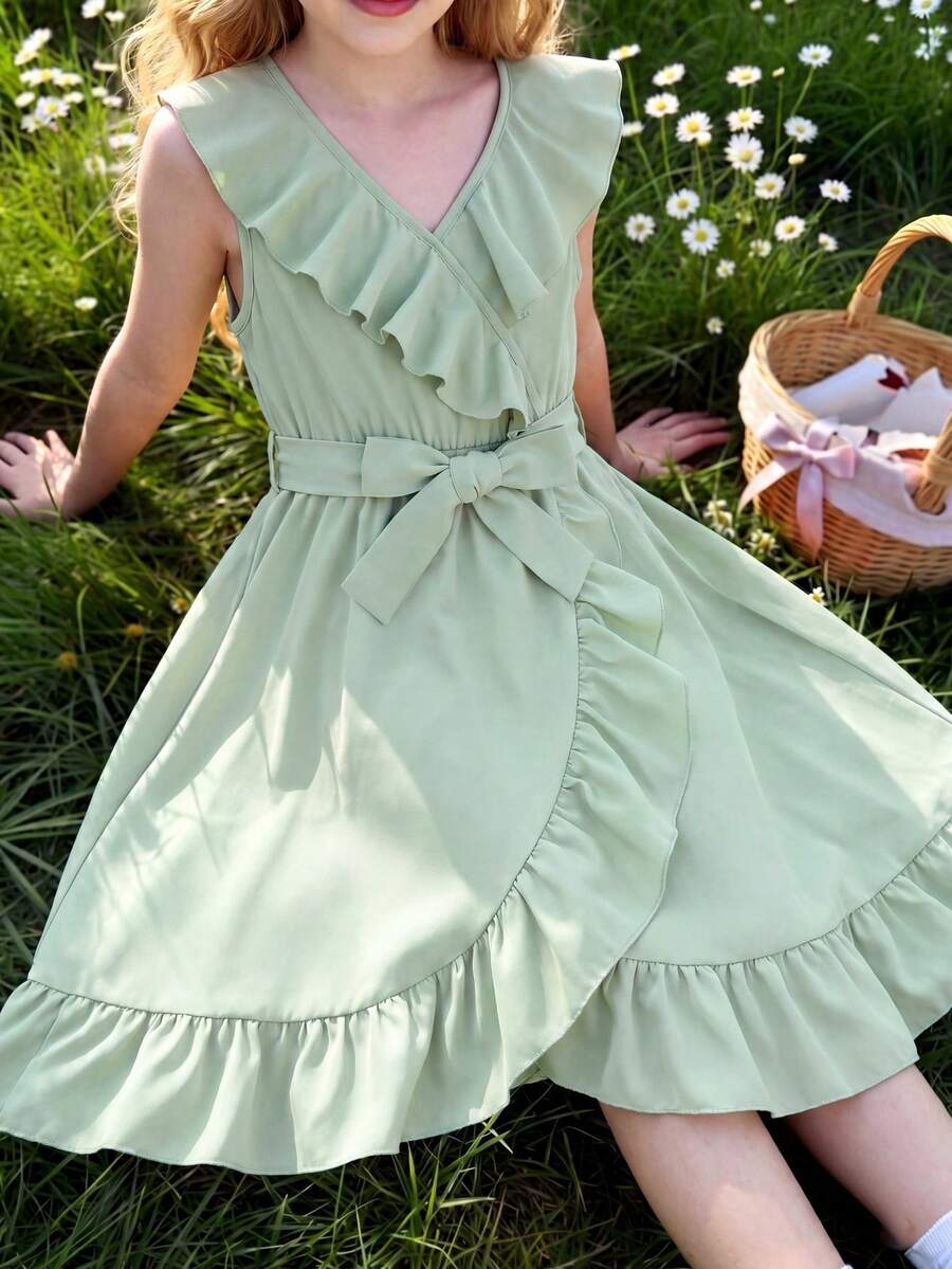 Tween Girls Dresses Ruffle Ruffle Hem Membungkus Plain Lucu - Olive Green - View 1