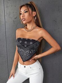 SHEIN Unity Paisley Print Tube Bandana Top - Black and White - View 6