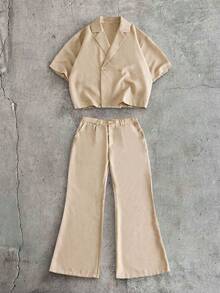 AXEPEAK Men's Solid Color Short Sleeve Shirt And Long Pants Set - Khaki - View 2