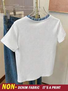 Resyla Women's Plus Size Denim Effect Cat Print Short Sleeve T-Shirt - Multicolor - View 2