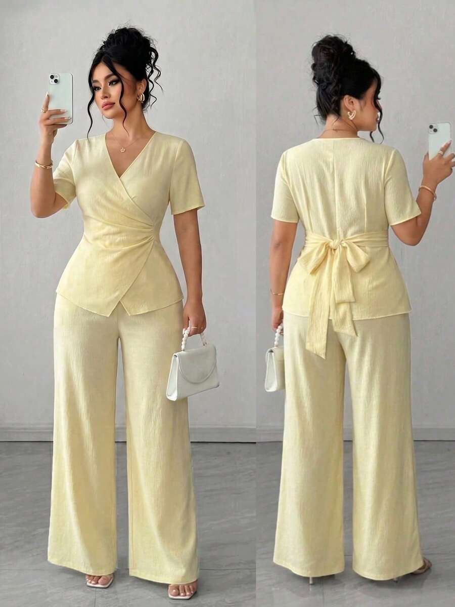 Elenzga Áo thun ngắn tay dáng rộng thanh lịch dành cho nữ mùa hè, thích hợp đi làm, phối cùng quần ống rộng. - Màu vàng - Xem 1