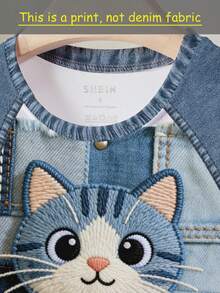 Resyla Women's Plus Size Denim Effect Cat Print Short Sleeve T-Shirt - Multicolor - View 3