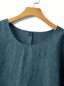Linhara Spring/Summer Plus Size Women's Textured Round Neck Blouse, Versatile Casual - Dusty Blue - View 4