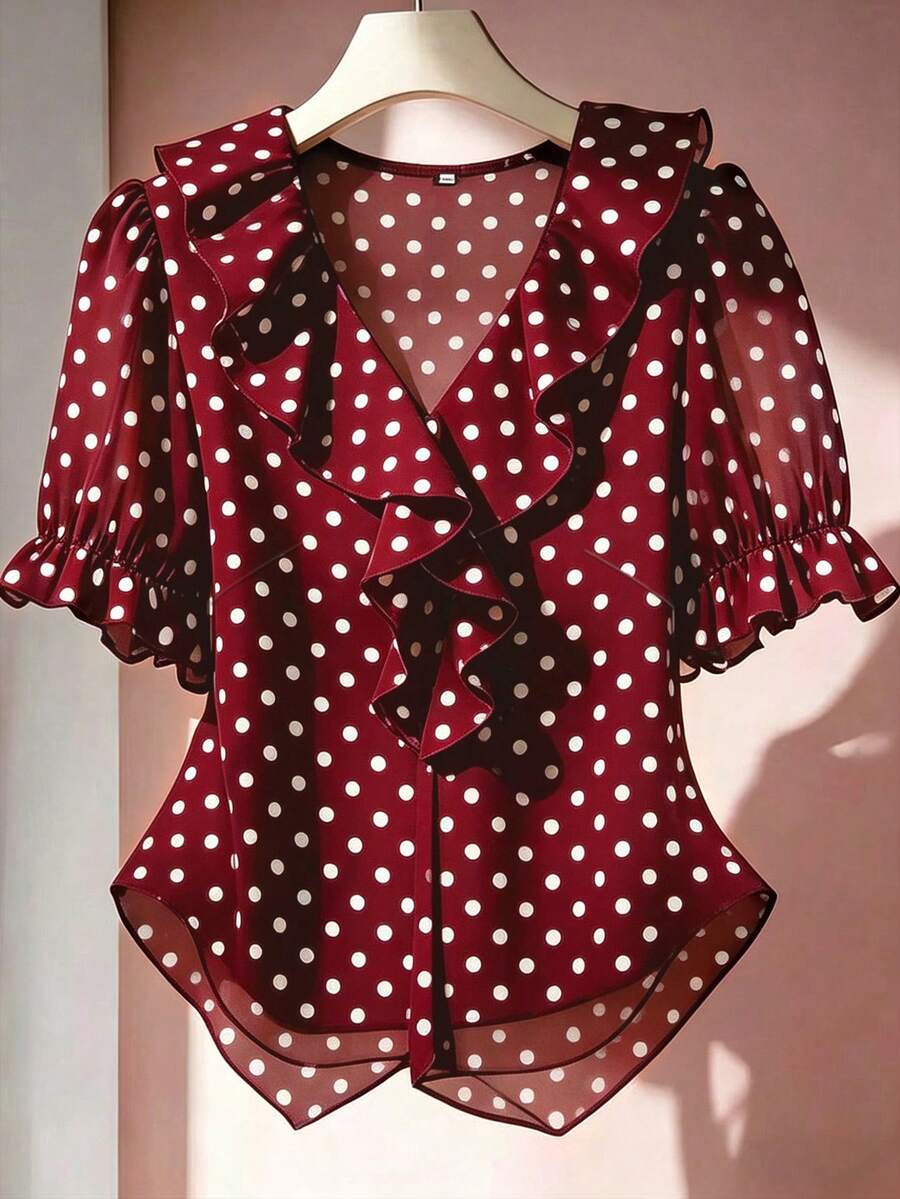 Franclia V領荷葉邊花瓣袖休閒襯衫 - 紅色 - 查看 1