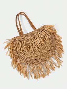 SHECARRY Bolsa Tote Casual de Palha Trançada Khaki para Mulheres, Estilo de Design, Leve e de Grande Capacidade, Bolsa de Ombro com Franjas, Adequada para Compras, Festas, Férias, Viagens, Praia, Beira-Mar - Caramelo - Visão 5