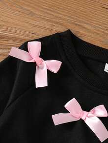 Genkimix Kids 2件組 4-7歲女童可愛春夏/秋冬圓領長袖上衣，附蝴蝶結3D裝飾，運動風織帶飾邊長褲，柔軟紋理布料，適合返校、假期、夏季穿著、旅行、派對穿搭指南 - 黑色 - 查看 6