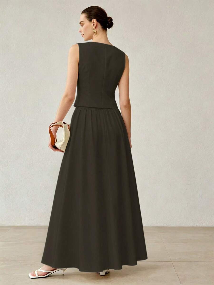 MOTF PREMIUM WOMEN'S FOLDED PLEATED A-LINE SKIRT, MINIMALIST ELEGANT - Coffee Brown - View 2