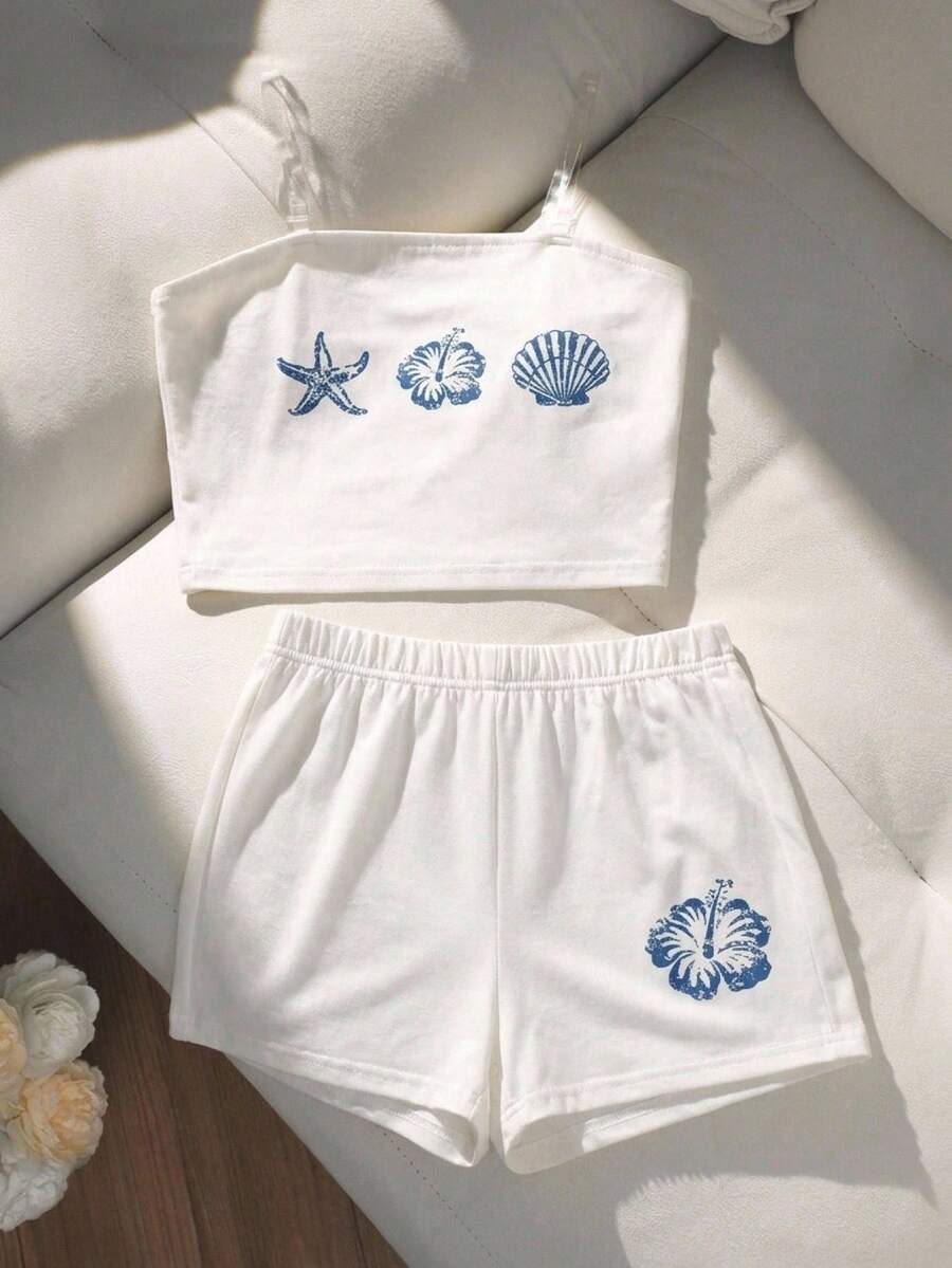 SHEIN Sparklyn 2件/組 女款大尺碼青少年女孩夏季Y2K風格情侶內衣套裝,海星印花高彈力面料平口上衣配隱形肩帶 + 低腰內褲,親膚柔軟,甜美酷感海灘度假風,適合夏季度假穿搭 - 白色 - 查看 1