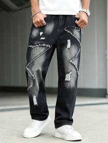 Manfinity EMRG Men's Casual Versatile Daily Wear Denim Jeans With Patchwork, Frayed Hem And Distressed Design - Black - View 7