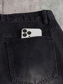 FeverCity Men's Letter Rhinestone Pattern Pocket Button Casual Versatile Daily Travel Denim Shorts - Black - View 8